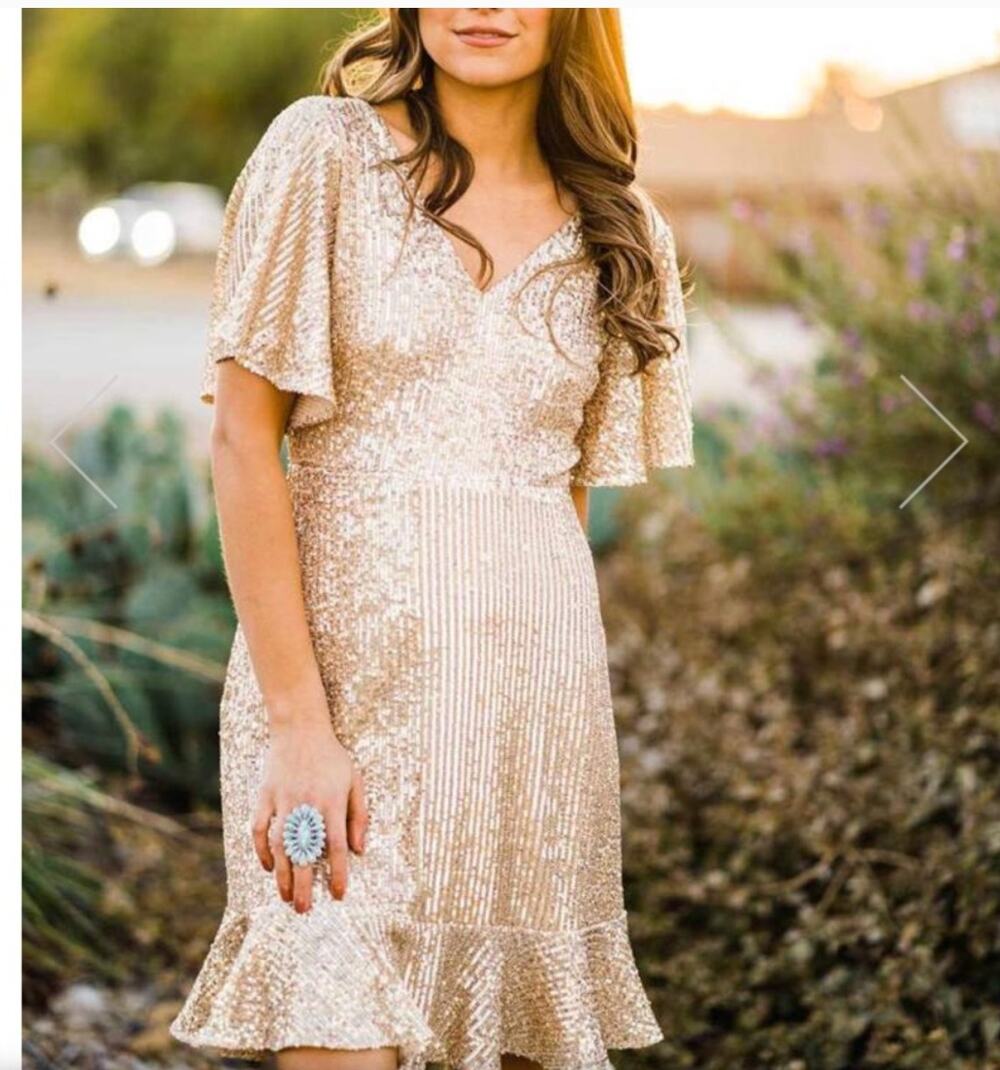 Southern Fried Chics Sequin Dress L Gold Ruffle Cocktail Glam